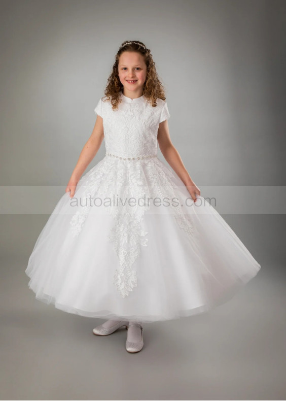 Cap Sleeves Ivory Lace Tulle Tea Length Flower Girl Dress